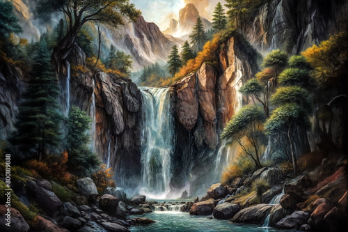 Cascata d'Acquerello- Paesaggio di Montagne Dipinto photo
