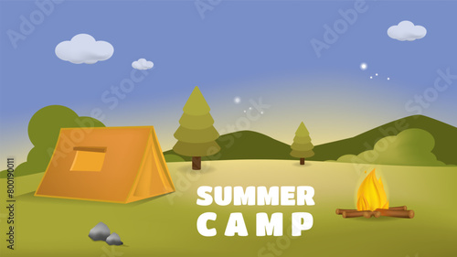 Summer camp illustration with mountain and forest background