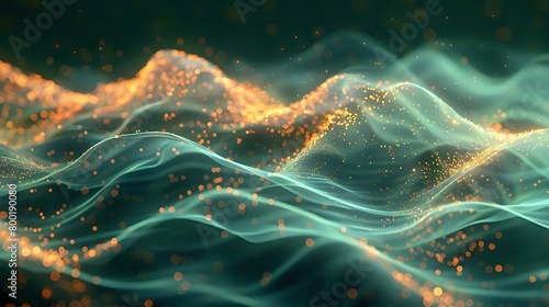 Gilded Flow: Abstract Digital Art with Emerald Green Waves and Glowing Golden