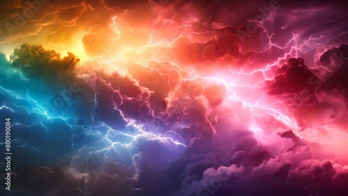 A colorful sky with a stormy look and a rainbow of colors. The sky is filled with lightning bolts and the colors are vibrant and bright photo