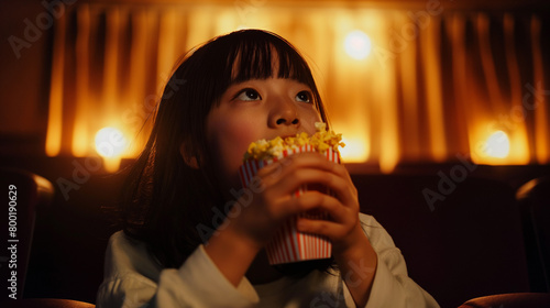 Garota jovem japonesa com um balde de pipoca no cinema