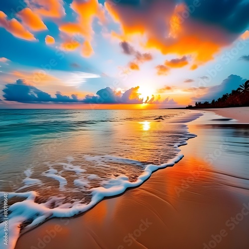 Closeup sea sand beach. Panoramic beach landscape. Inspire tropical beach seascape horizon. Orange and golden sunset sky calmness tranquil relaxing sunlight summer mood.