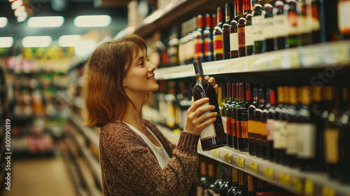 Mulher com uma garrafa de vinho no mercado photo
