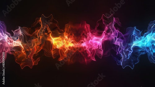 abstract of colorful sound waves on black background, Abstract background multicolored gradient wave of futuristic hi-tech waves dots pixel particles flying with glow effect and background blur 