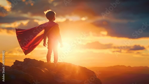 A young boy in a red cape stands on a rocky hillside, looking out at the sunset. Concept of adventure and wonder, as the boy is dressed as a superhero and seems to be ready to take on the world photo