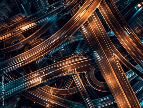Aerial view of city highway interchange at night with light trails. Abstract neon Futuristic Background for Transport and Logistics Business: Abstract images of roads and routes  photo
