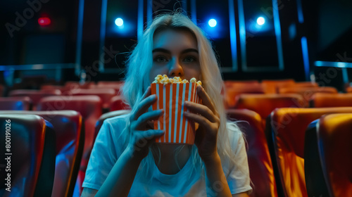 Mulher loira segurando um balde de pipoca no cinema  photo