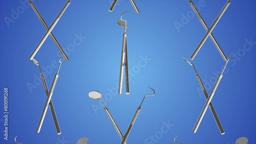 Lots of small dental tools floating in the dark blue background. Dental tools for stomatology flying in the virtual background. Orthodontology dental tools spinning in the digital background. photo