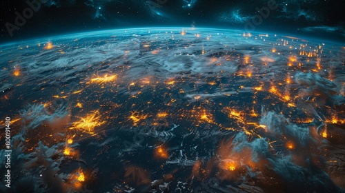 Ethereal view of Earth at night, swathes of fire lighting up the dark landscape, symbolizing environmental peril and the fragility of our planet photo