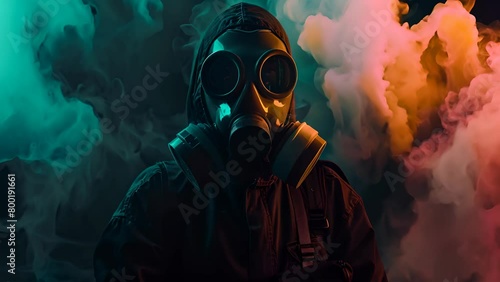 A person in a gas mask is standing in front of a colorful background. The image has a dark and eerie mood, with the person's gas mask and the smoke in the background creating a sense of danger photo