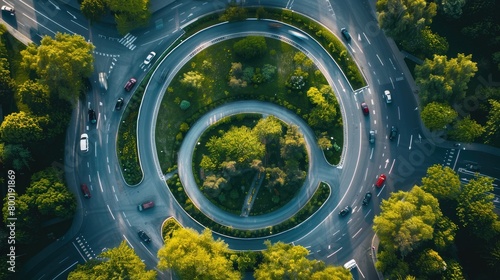 Aerial view of a roundabout with cars creating dynamic spirals