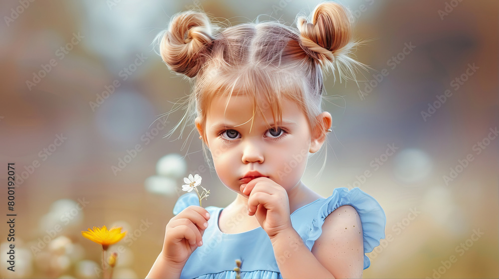Little cute girl in the field holding a flower in her hands
Little cute girl in the field holding a flower in her hands