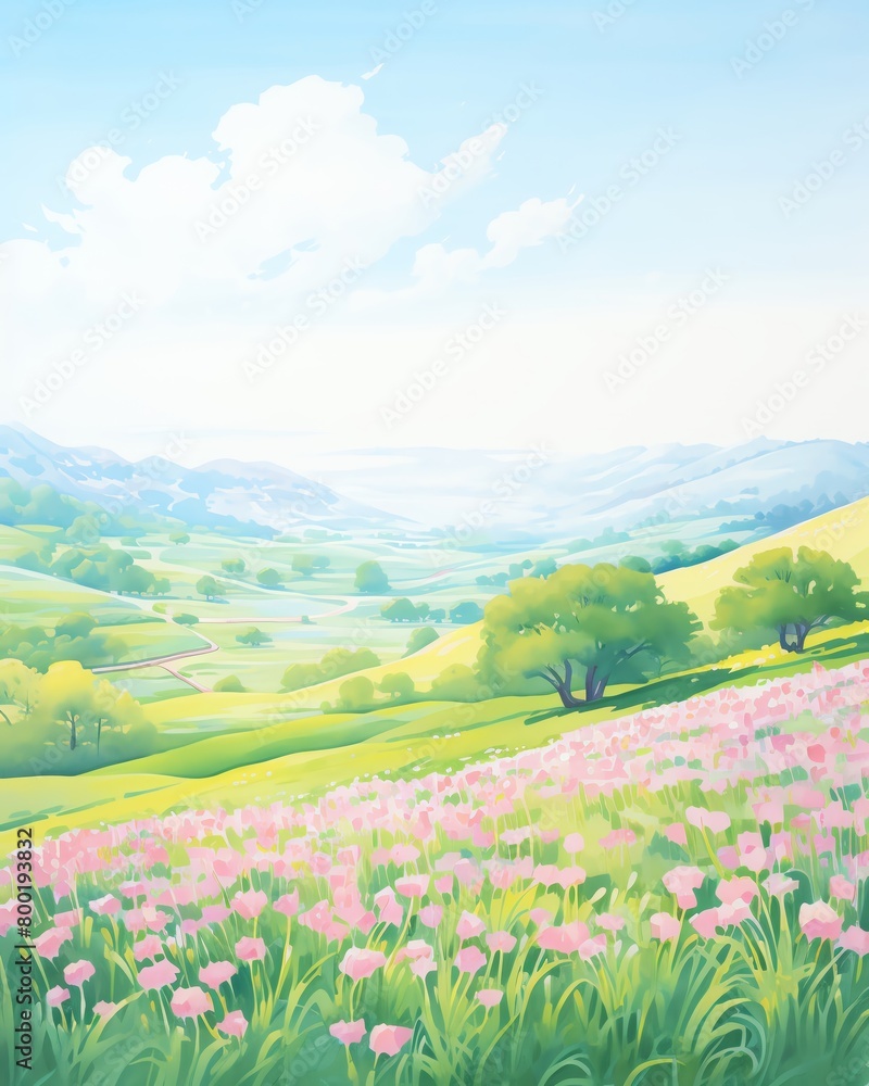 A field of pink flowers with rolling green hills and blue sky in the background A field of pink flowers with rolling green hills and blue sky in the background