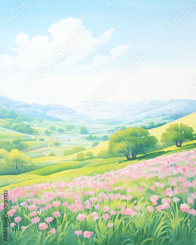 A field of pink flowers with rolling green hills and blue sky in the background