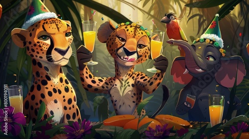 Wallpaper Mural group of animals in the jungle enjoy summer lemon juice with bird  Torontodigital.ca