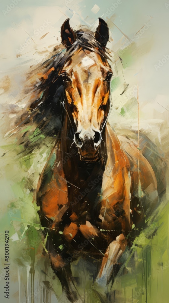 Oil painting of a galloping horse.