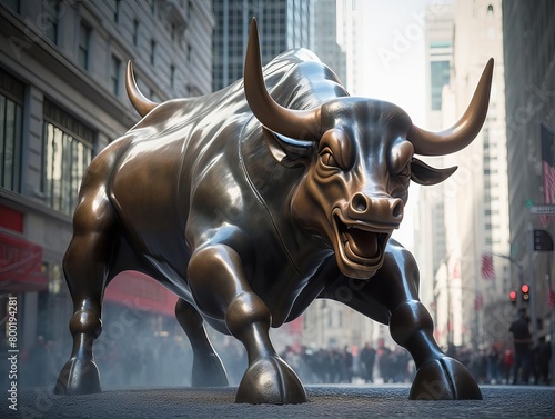 A bronze bull statue stands in front of a busy street in New York City. photo