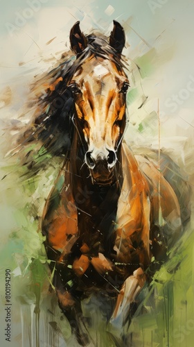 Oil painting of a galloping horse.