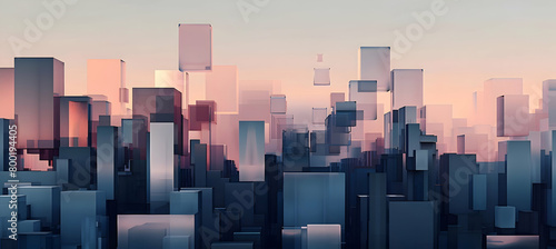 Abstract geometric shapes forming a city skyline at dusk, rendered in shades of dark gray and midnight blue, with the precision and clarity of an HD camera photo