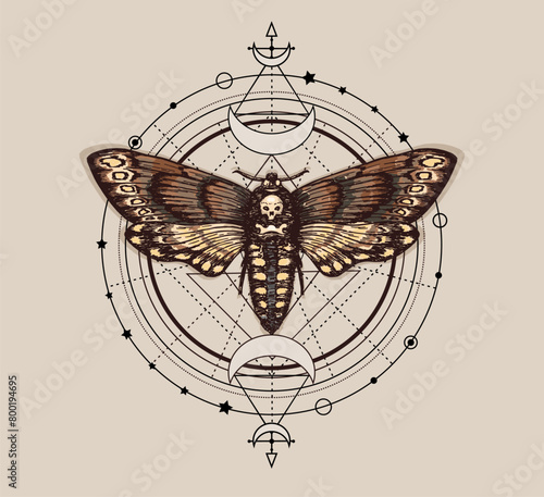Death's-head hawk moth and sacred geometry lines. Witchcraft, occult attributes, alchemical signs. Moth design tattoo sketch