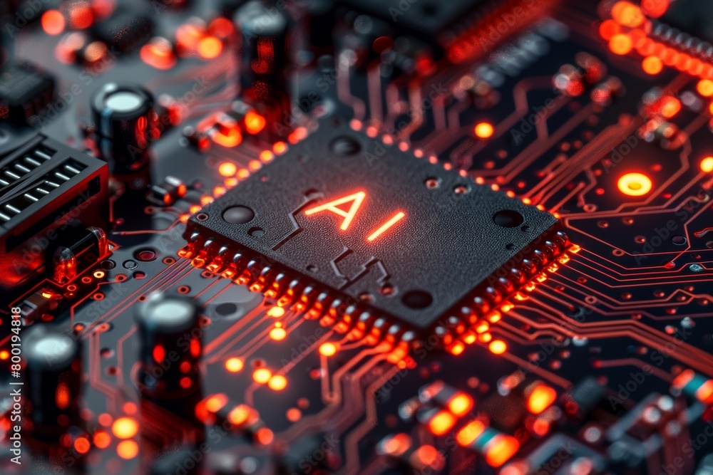 A close up detail of a computer chip, is surrounded by a black circuit board, or artificial intelligence system with an orange glowing light.