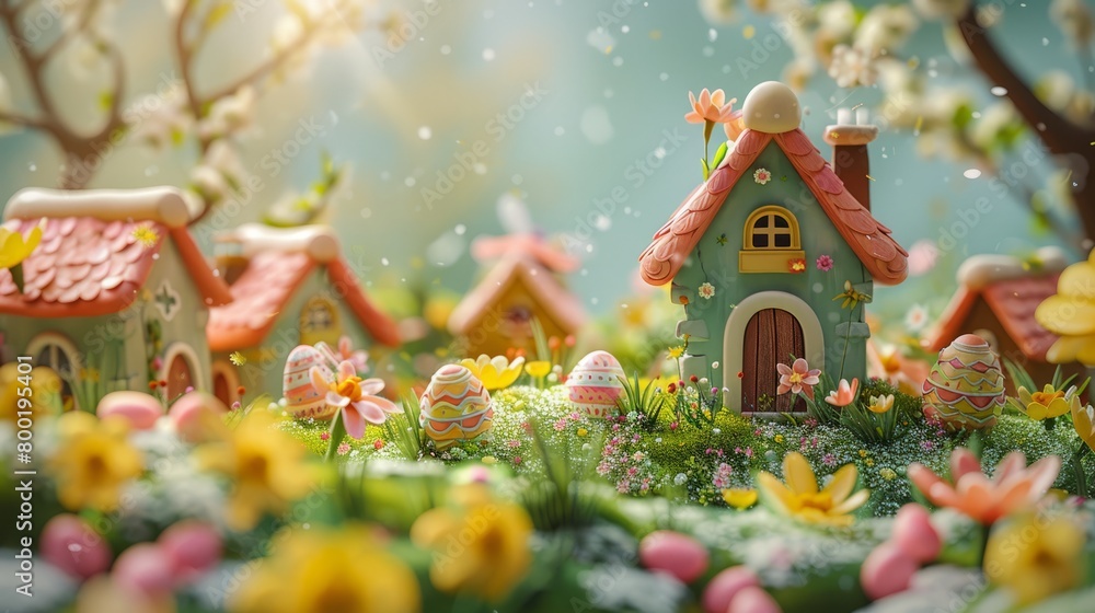 A 3D rendering of a whimsical Easter village with colorful houses, flowers, and Easter eggs. The village is set in a lush green field with a blue sky and puffy white clouds in the background.
