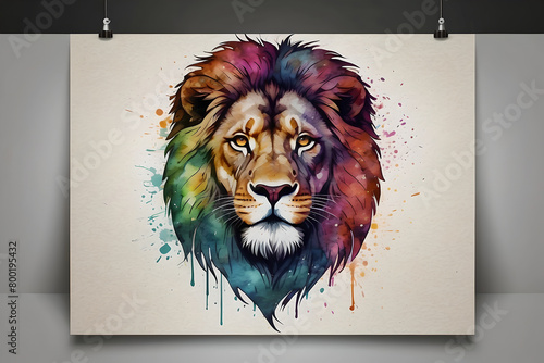 high quality, logo style, Watercolor, powerful colorful lion face logo facing forward, monochrome background, by Yukisakura, awesome full color Ai generated (ID: 800195432)