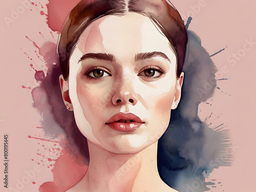one Women faces watercolor illustration, horizontal copy space on pastel pink background Ai generated (ID: 800195645)