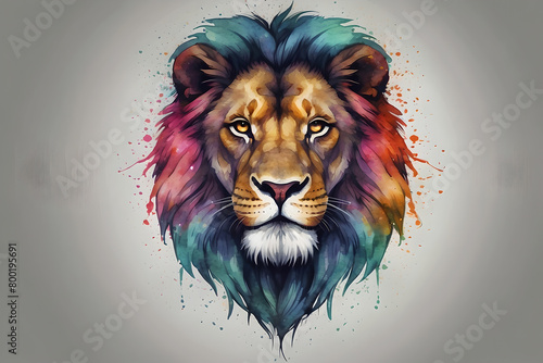 high quality, logo style, Watercolor, powerful colorful lion face logo facing forward, monochrome background, by Yukisakura, awesome full color (ID: 800195691)