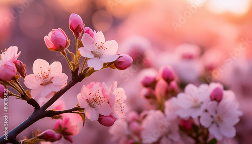Branch of pink cherry blossoms blooming in a garden at sunset  soft blur background.