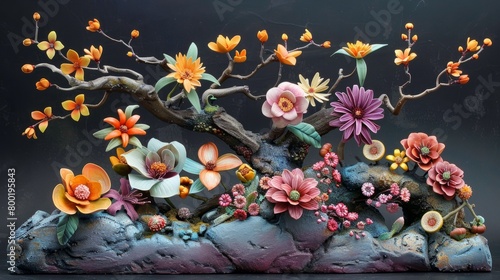 A beautiful and intricate floral arrangement, featuring a variety of flowers and colors, arranged on a rocky surface.