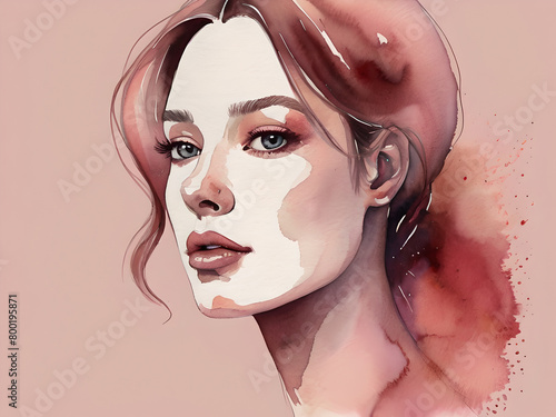 one Women faces watercolor illustration, horizontal copy space on pastel pink background Generated AI (ID: 800195871)