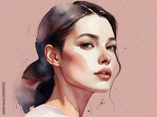 one Women faces watercolor illustration, horizontal copy space on pastel pink background Generative AI (ID: 800195872)