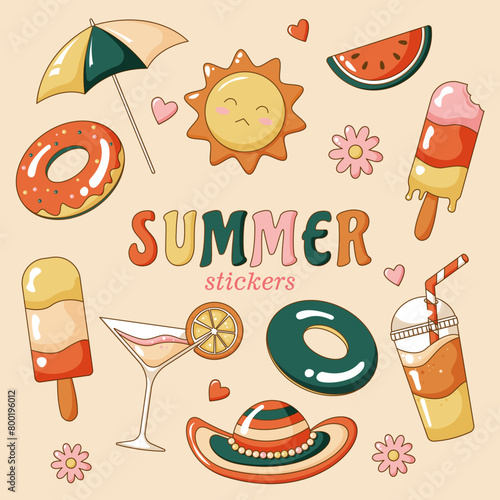 Set of retro summer stickers. Ice cream, popsicle, rubber ring, sun umbrella, coctail, slush, fizzy drink, sun, watermelon, hat. Beach theme. Bright icons in vintage color palette