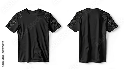 A captivating black T-shirt template showcasing an intricate front design and a complementary back print, presented with breathtaking clarity against a pure white background, perfect for showcasing yo