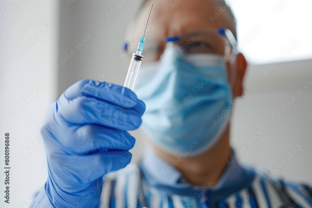 Doctor holding syringe. Close up nurse hand in glove holding needle. Copy space. Medical treatment, filler injection, cosmetic surgical, laboratory. Vaccination to patient for influenza protection. Doctor holding syringe. Close up nurse hand in glove holding needle. Copy space. Medical treatment, filler injection, cosmetic surgical, laboratory. Vaccination to patient for influenza protection.