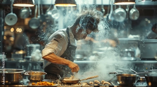 A chef is cooking in a professional kitchen.