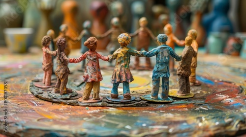 A circle of colorful clay figures holding hands