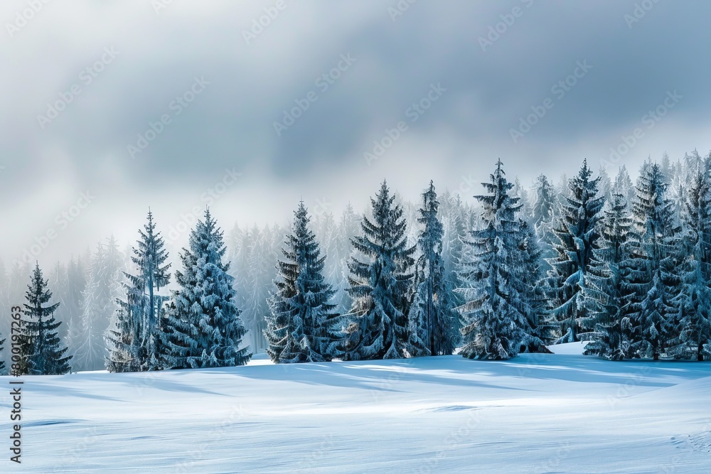 Beautiful winter landscape, snow and fir trees, realistic photo Beautiful winter landscape, snow and fir trees, realistic photo