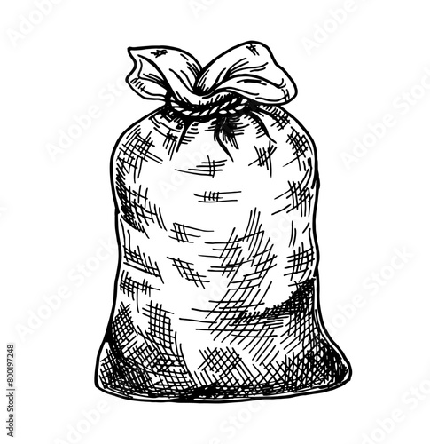 A full canvas bag with flour or grain, tied with a rope at the top. Full sack. Sack of flour. Sack of money. Gift bag. Had drawn sketch