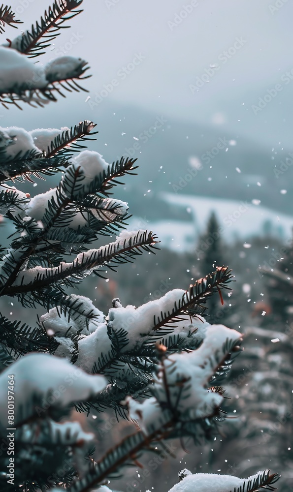 Beautiful winter landscape, snow and fir trees, realistic photo