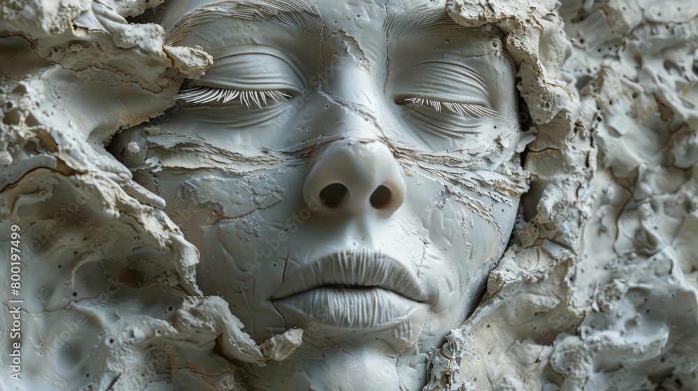 A clay sculpture of a woman's face with her eyes closed. A clay sculpture of a woman's face with her eyes closed.