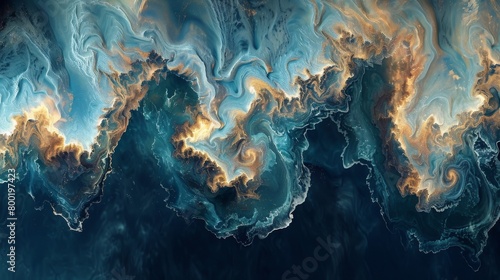 Abstract Artistic Aerial View of Ocean Waves Imitating a Golden Marbled Effect, Concept of Nature's Artistry and Oceanography photo
