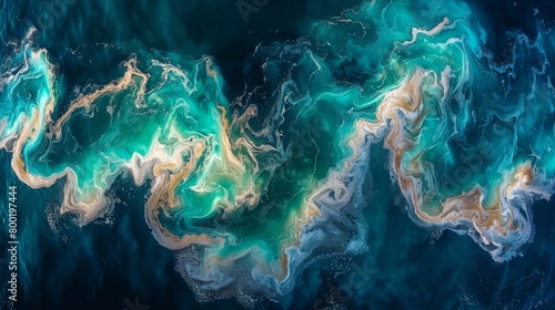 Aerial Panorama of Abstract Ocean Waves Merging with Marbled Earth Tones, Concept of Earth’s Beauty and Oceanography
