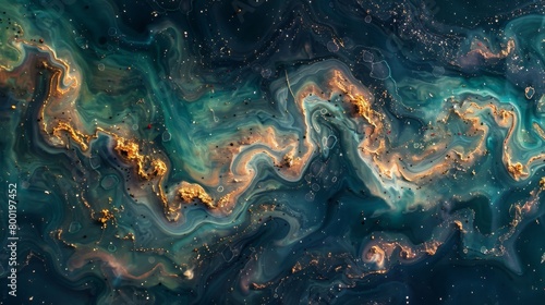 Mesmerizing Abstract Aerial View of Marbled Ocean Patterns with Gold Accents, Concept of Natural Beauty and Geology