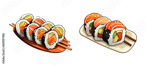A plate of sushi with chopsticks on top.