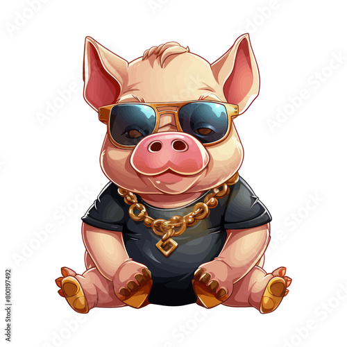 Cool pig wearing sunglasses and gold necklace. Cartoon vector