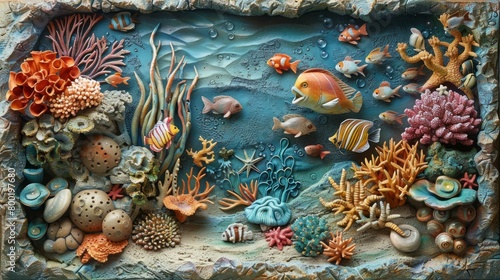 A claymation of a coral reef with many different types of fish.