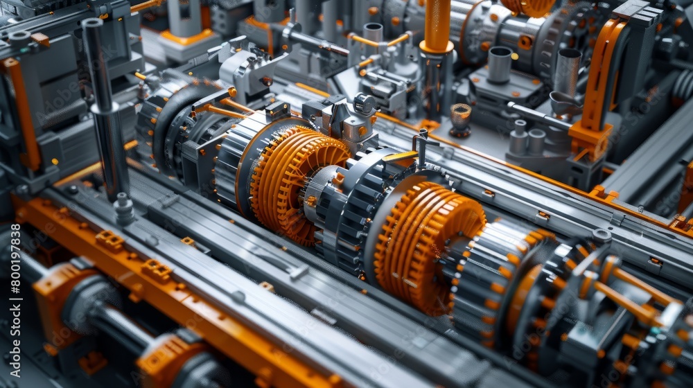 A close up of a complex machine with orange and silver gears