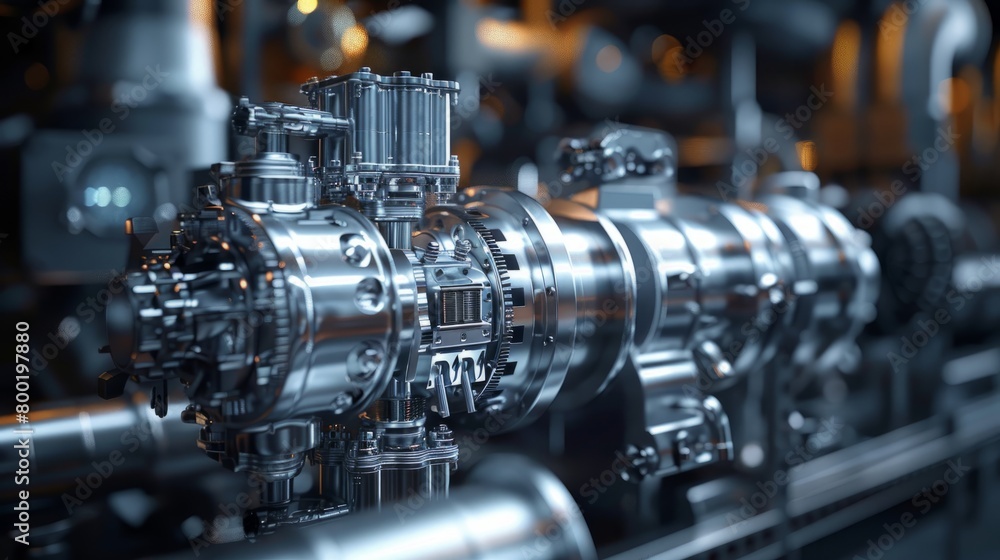 A close up of a large, complex machine with many pipes and valves. A close up of a large, complex machine with many pipes and valves.